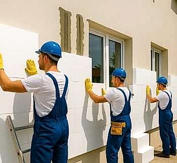 Manavgat Dış Cephe Mantolama ve Yalıtım 2025, 3 inşaat işçisi, Antalya Manavgat’ta bir villanın dış cephesine EPS strafor paneller uyguluyor