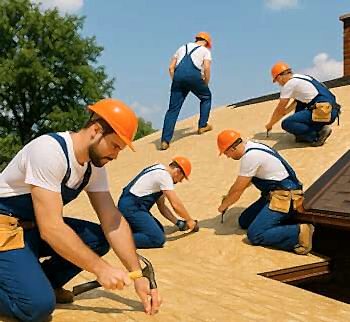 Shingle Çatı Kaplama Çatıda çalışan inşaat ustaları OSB levhalar döşerken