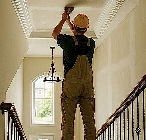 Antalya Alçıpan Tavan Dekorasyonu 2025 1 Tavana dekoratif alçı tavan uygulaması yapan usta ve şık tavan detayı