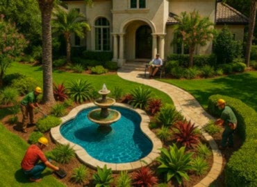 Modern villanın bahçesinde peyzaj çalışması yapan ekip