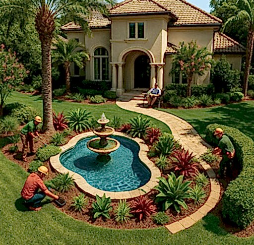 Villa Bahçe Düzenlemesi 1 Modern villanın bahçesinde peyzaj çalışması yapan ekip