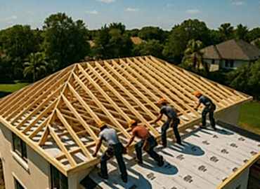 Yeni çatı inşaatı yapan ustalar kiremit döşüyor ve ahşap iskelet kuruyor