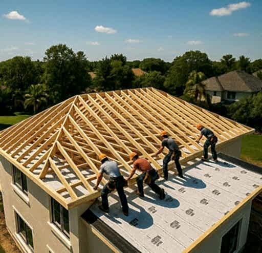 Çatı İnşası ve Onarımı 1 Yeni çatı inşaatı yapan ustalar kiremit döşüyor ve ahşap iskelet kuruyor