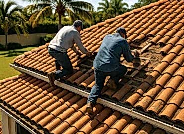 Çatı onarımı yapan usta kırık kiremitleri ve izolasyonu yeniliyor