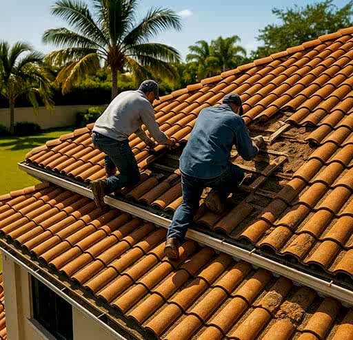 Çatı Yenileme ve Onarma 1 Çatı onarımı yapan usta kırık kiremitleri ve izolasyonu yeniliyor