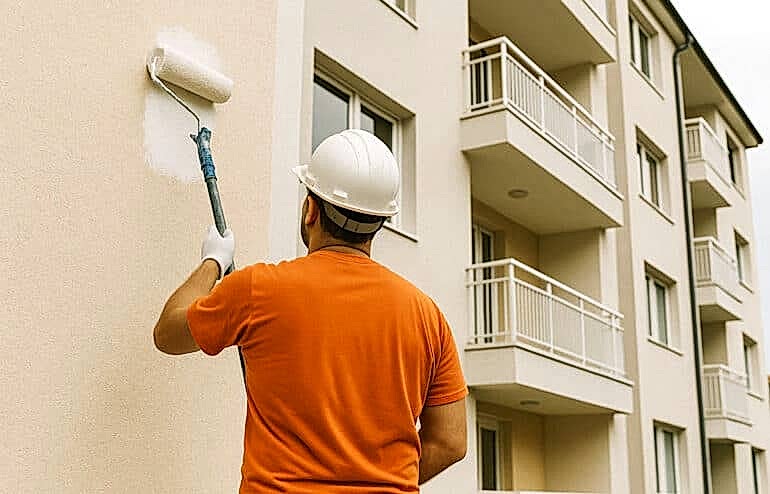 Dış Cephe Boyama 1 Bina dış cephesini boyayan profesyonel boya ustası