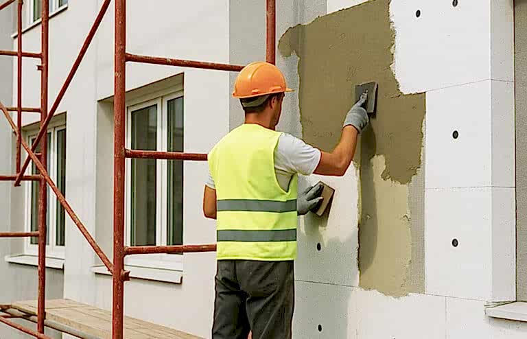 Bina dış cephesine ısı yalıtım levhası uygulayan ustalar