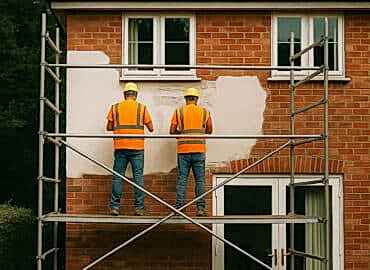 Dış cephe boyası yapan işçiler apartman duvarını iskele ile boyuyor