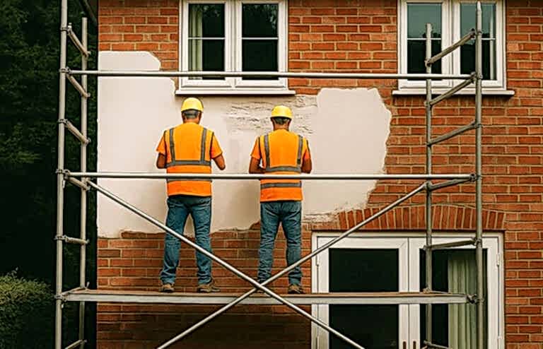 Dış cephe boyası yapan işçiler apartman duvarını iskele ile boyuyor