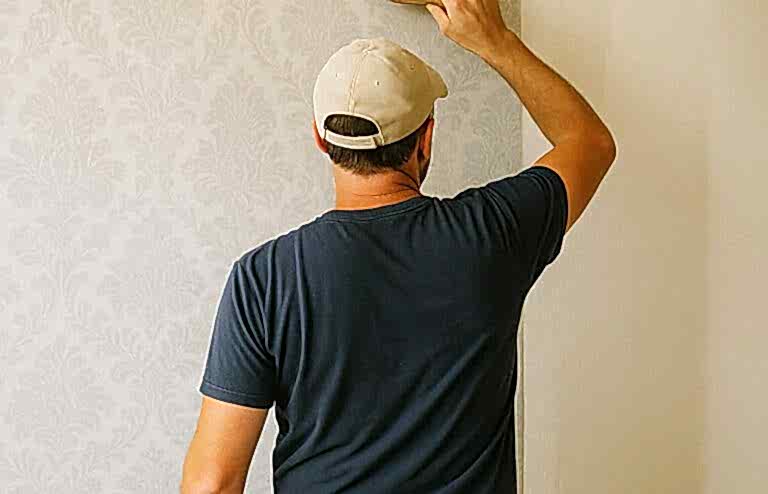 Salon duvarına dekoratif duvar kağıdı döşeyen usta