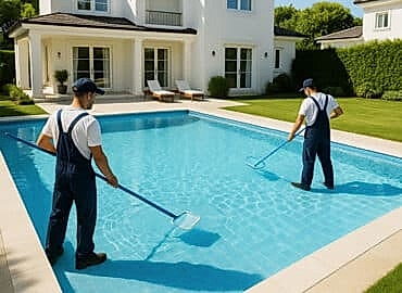 Yüzme havuzu temizliği yapan görevli ve bakım ekipmanları