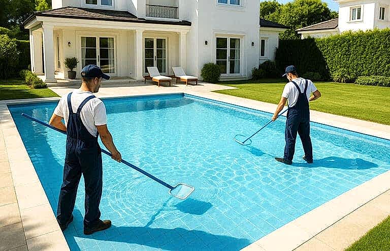 Yüzme havuzu temizliği yapan görevli ve bakım ekipmanları