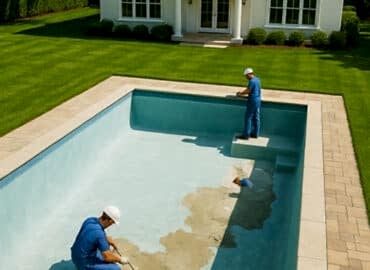 Eski yüzme havuzunun fayans ve izolasyon onarımını yapan ustalar