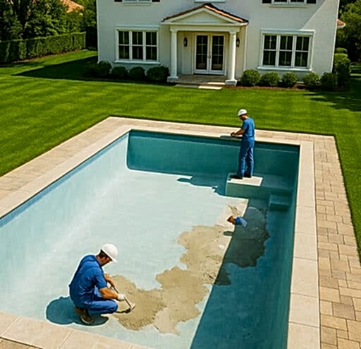 Yüzme Havuzu Tamir ve Tadilatı 1 Eski yüzme havuzunun fayans ve izolasyon onarımını yapan ustalar