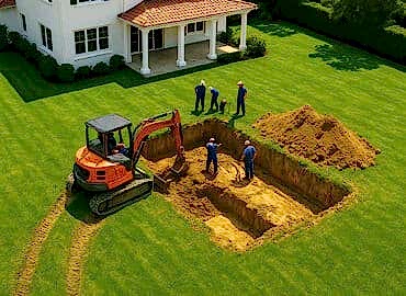 Bahçeye yüzme havuzu inşa eden ekip ve inşaat süreci