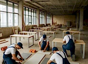 Ofiste masa, raf ve dolap montajı yapan usta ekip ve şık iç tasarım