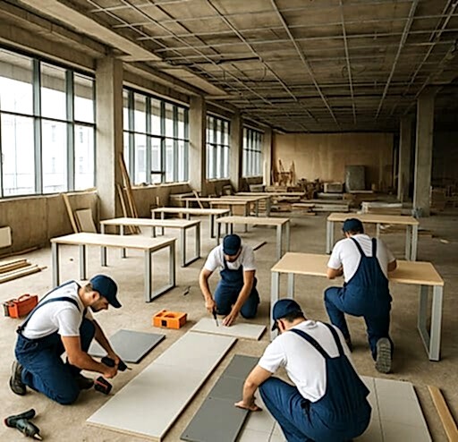 Ofis Dizaynı ve Mobilya Montajı 1 Ofiste masa, raf ve dolap montajı yapan usta ekip ve şık iç tasarım