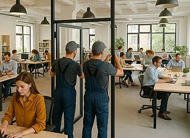 Modern ofiste duvar kaplama, zemin döşeme ve mobilya montajı yapan ekip