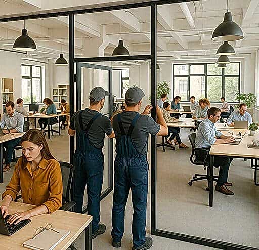 Ofis Dekorasyon ve Tadilatı 1 Modern ofiste duvar kaplama, zemin döşeme ve mobilya montajı yapan ekip