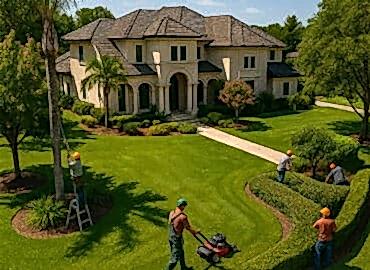 Bahçede çim serimi ve taş yürüyüş yolu yapan peyzaj ekibi