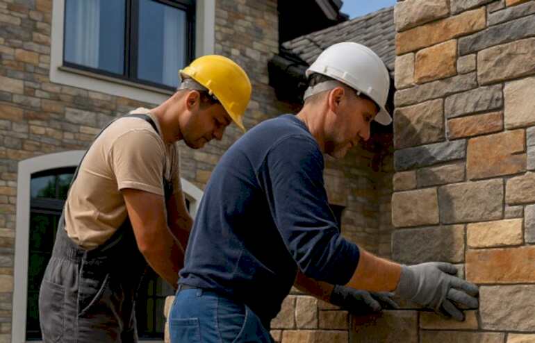 Antalya Döşemealtı Villa Taş Kaplama işinde İki usta, bir villanın dış cephesine doğal taş kaplama uygulaması yaparken