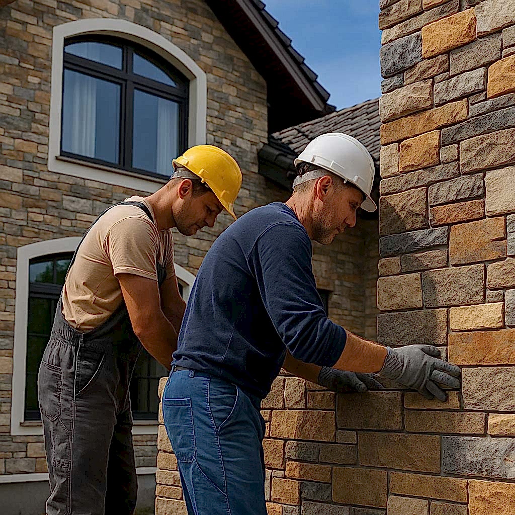 Antalya Döşemealtı Villa Taş Kaplama işinde İki usta, bir villanın dış cephesine doğal taş kaplama uygulaması yaparken