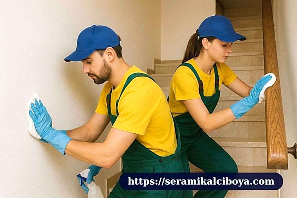 Antalya İnşaat Sonrası Detaylı Ev Temizliği – Serik Özel Uygulama 07 3 İnşaat sonrası detaylı ev temizliği yapan iki temizlik personeli, merdiven duvarlarını ve trabzanları özenle siliyor