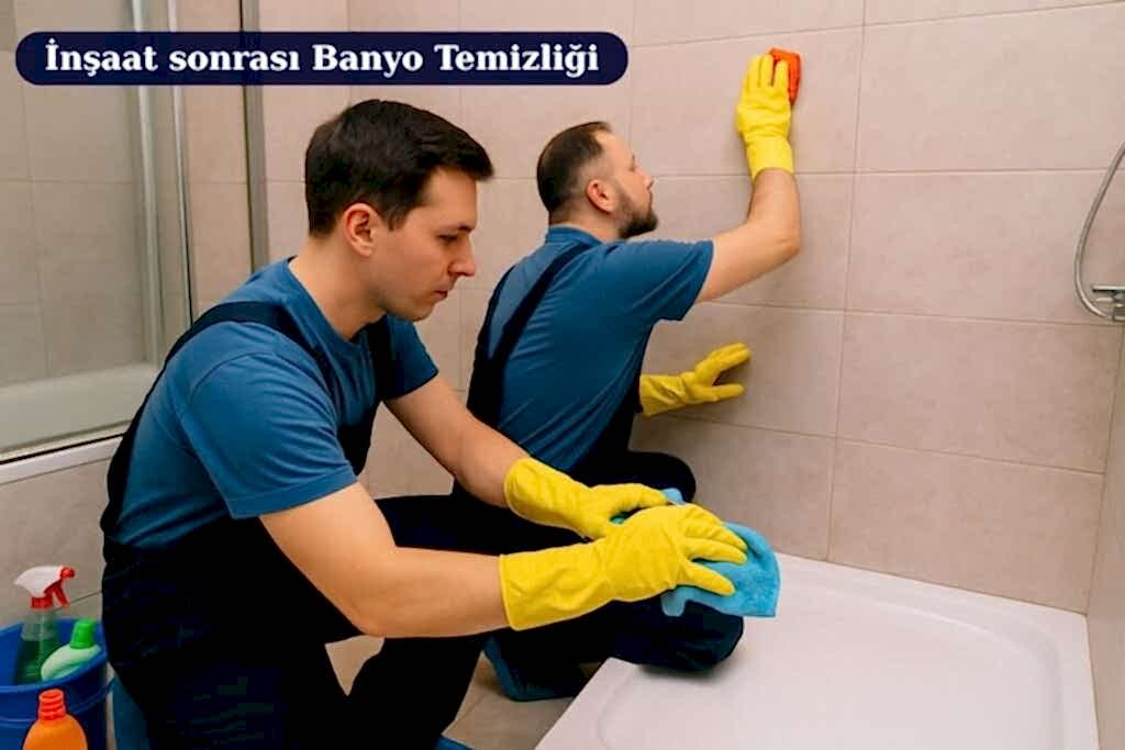 Antalya İnşaat Sonrası Detaylı Ev Temizliği – Serik Özel Uygulama 07 4 İnşaat sonrası detaylı ev temizliği yapan temizlik görevlileri, banyonun seramik duvarlarını ve küvet kenarlarını özenle siliyor
